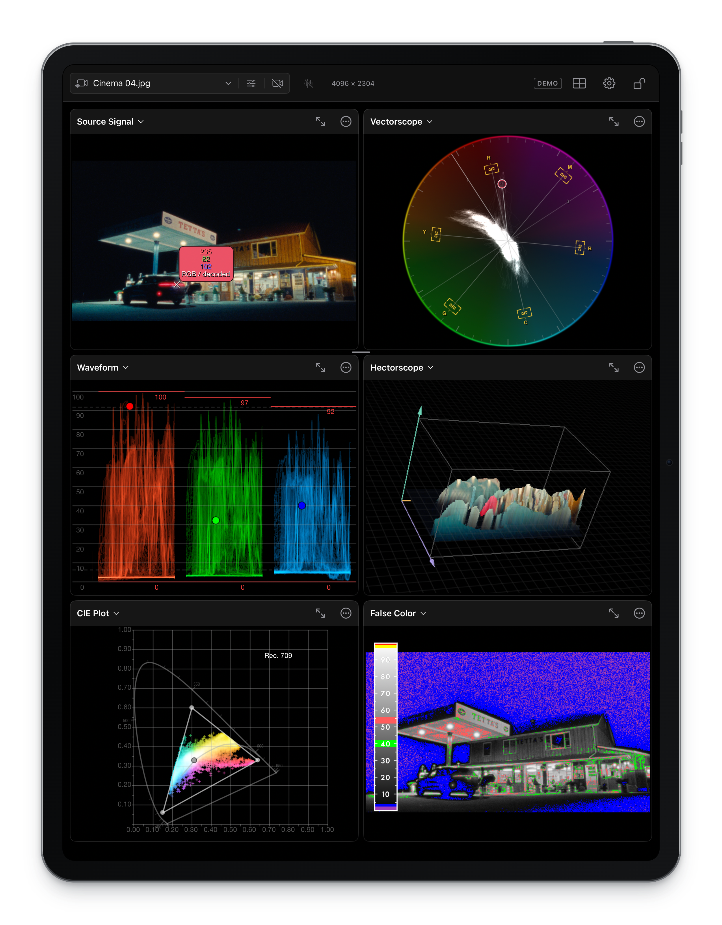 Nobe OmniScope in a portrait iPad frame with color pins, Vectorscope, Waveform, Hectorscope, CIE Plot, and False Color.