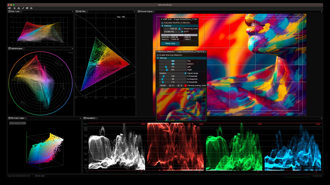 OmniScope showing CIE chromaticity, vectorscope, and RGB parade with HDR detail