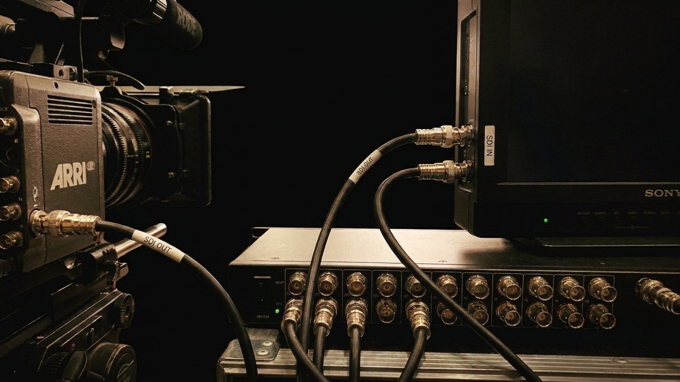 ARRI camera connected via SDI cables to a hardware monitoring rack