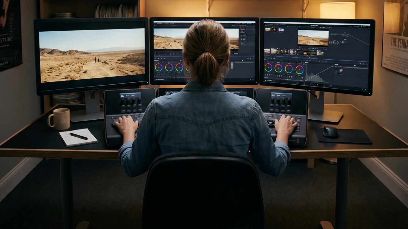 Modern colourist workstation with multiple monitors and software scopes