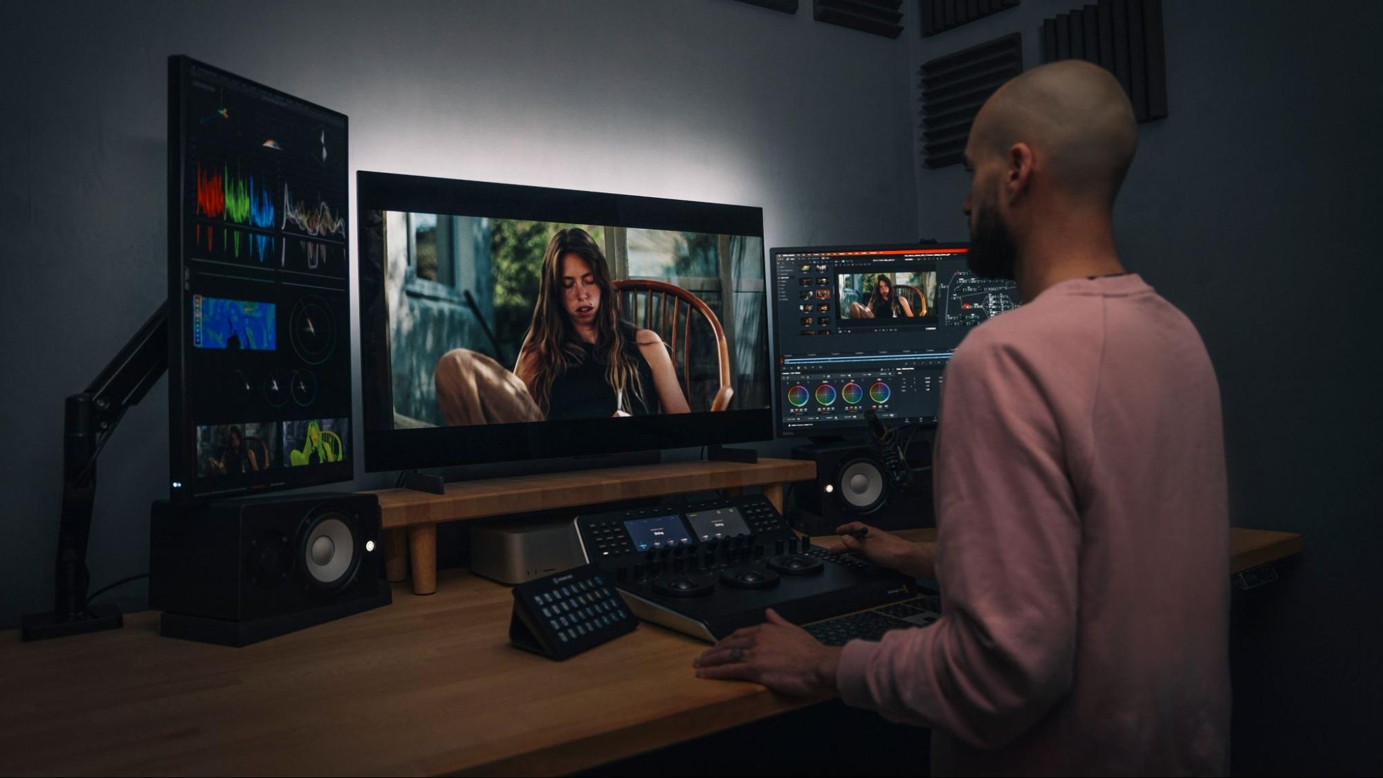 Iain Pennington's Edinburgh grading suite with LG G3 OLED, Blackmagic Mini Panel, and OmniScope