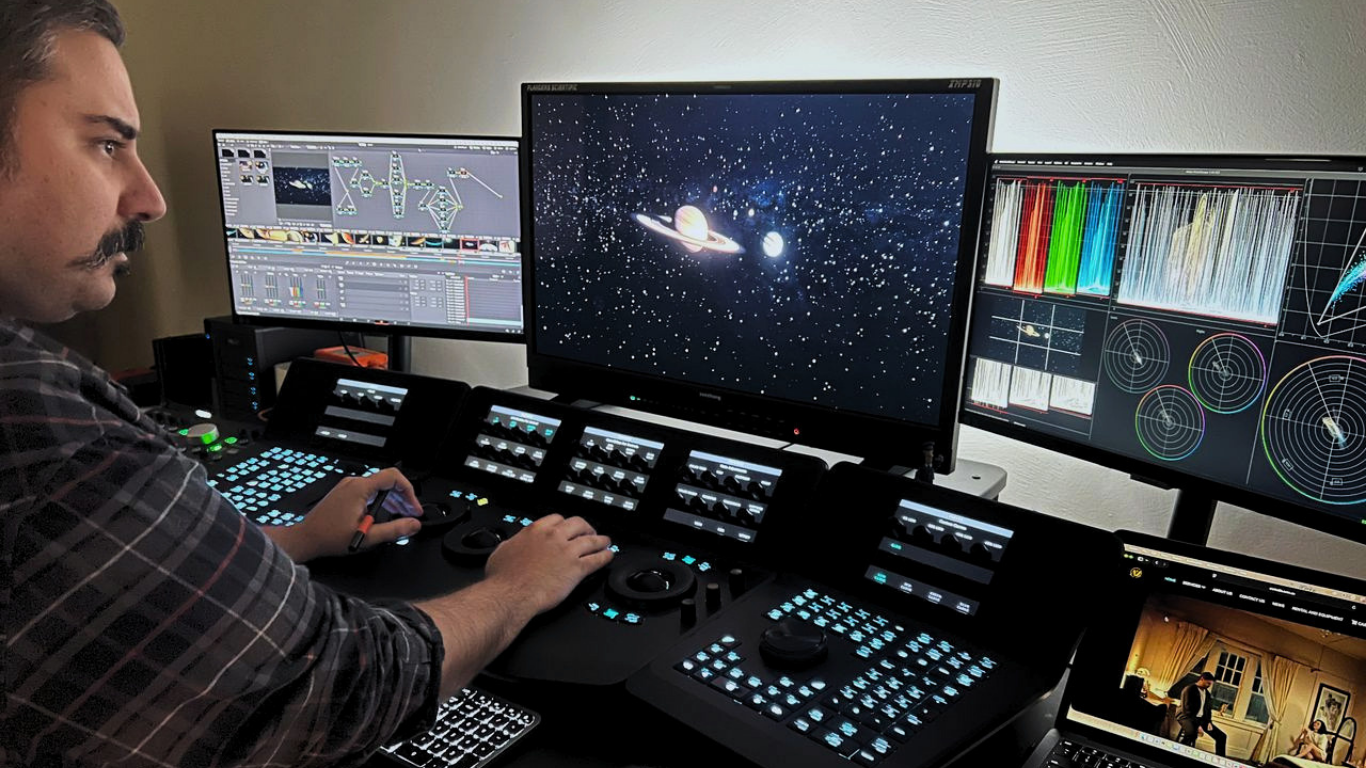 Hootan Haghshenas's DaVinci Resolve grading suite with Flanders Scientific XMP320 and Blackmagic Advanced Panels