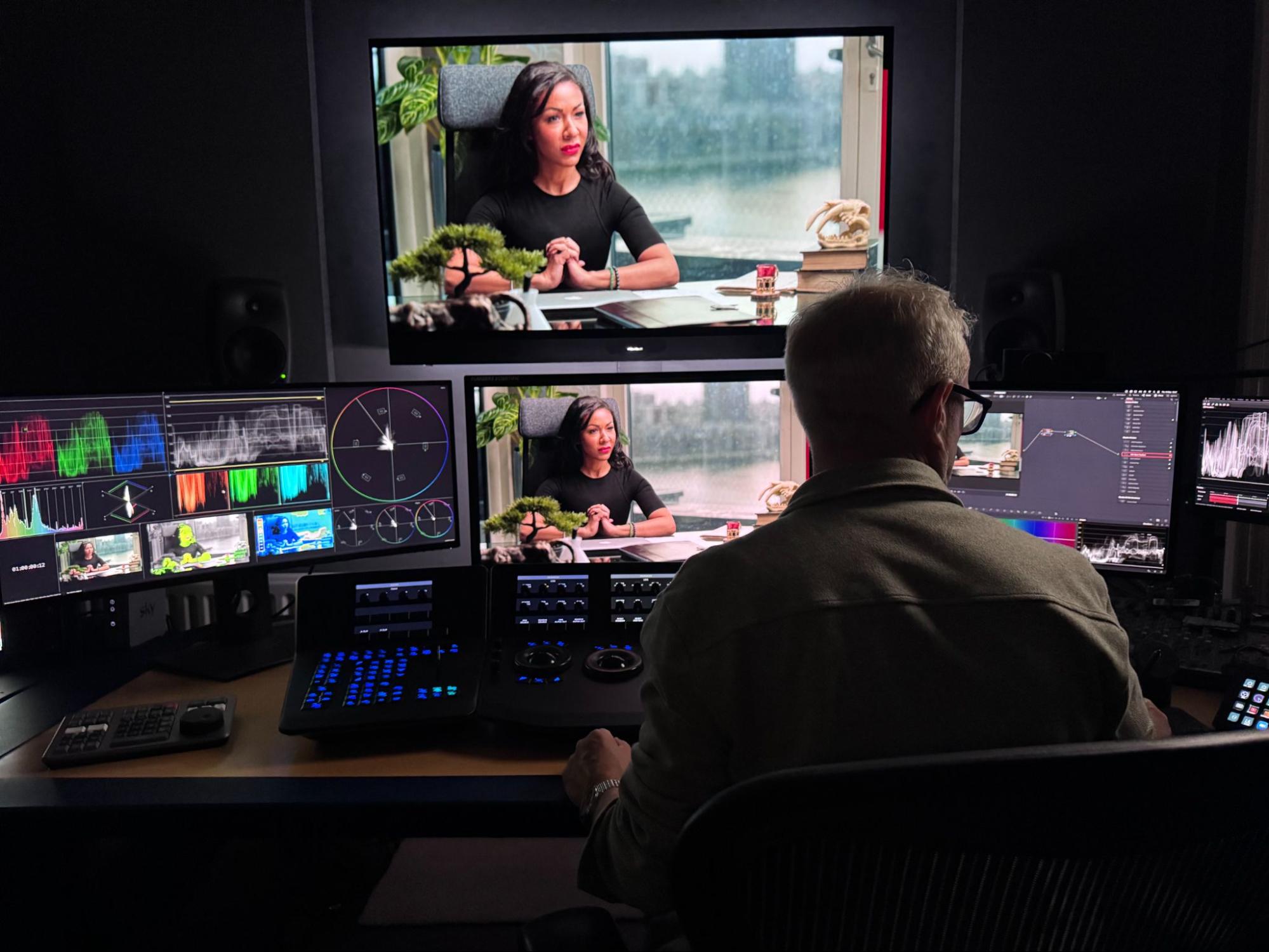 Darren Mostyn at his grading desk with the Nobe OmniScope layout beside his Flanders reference monitor