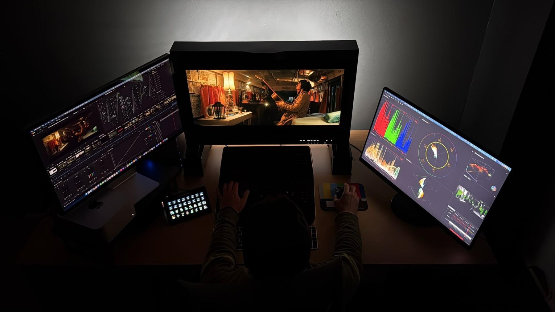 Antonio Centonze's grading suite with DaVinci Resolve, an EIZO ColorEdge PROMINENCE CG3146 reference display and Nobe OmniScope