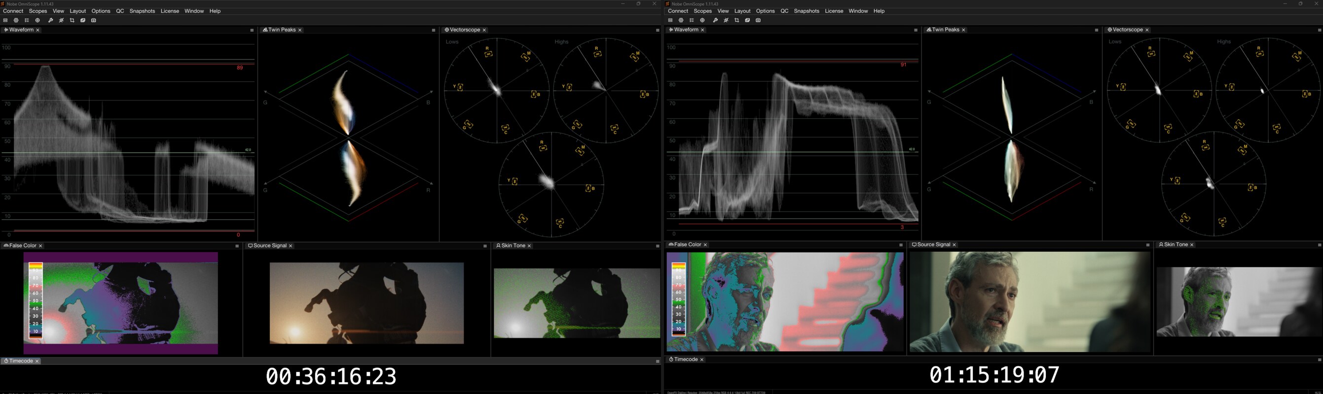 Chisco Arce's custom Nobe OmniScope layouts with Vectorscope, RGB Parade, Twin Peaks and Skin Tone Scope