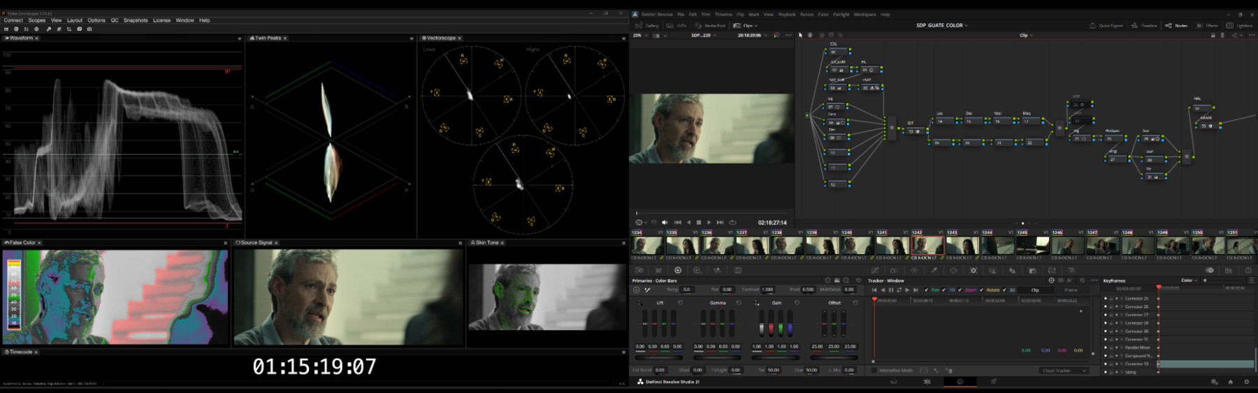 Chisco Arce's DaVinci Resolve node tree working alongside Nobe OmniScope