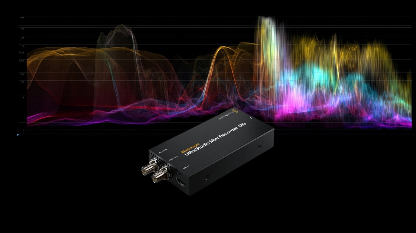 Blackmagic UltraStudio Mini Recorder 12G in front of an OmniScope waveform display