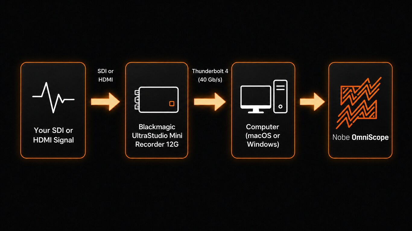 Signal chain diagram: SDI or HDMI signal into the Blackmagic UltraStudio Mini Recorder 12G, over Thunderbolt 3 to a macOS or Windows computer, into Nobe OmniScope
