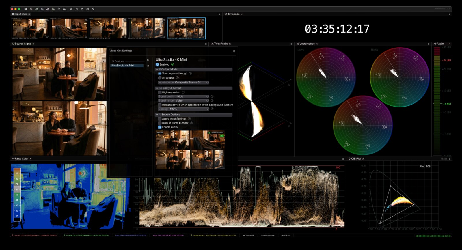 Nobe OmniScope with Live Pack: SDI video out settings, multi-input strip, composite view, false color and audio metering