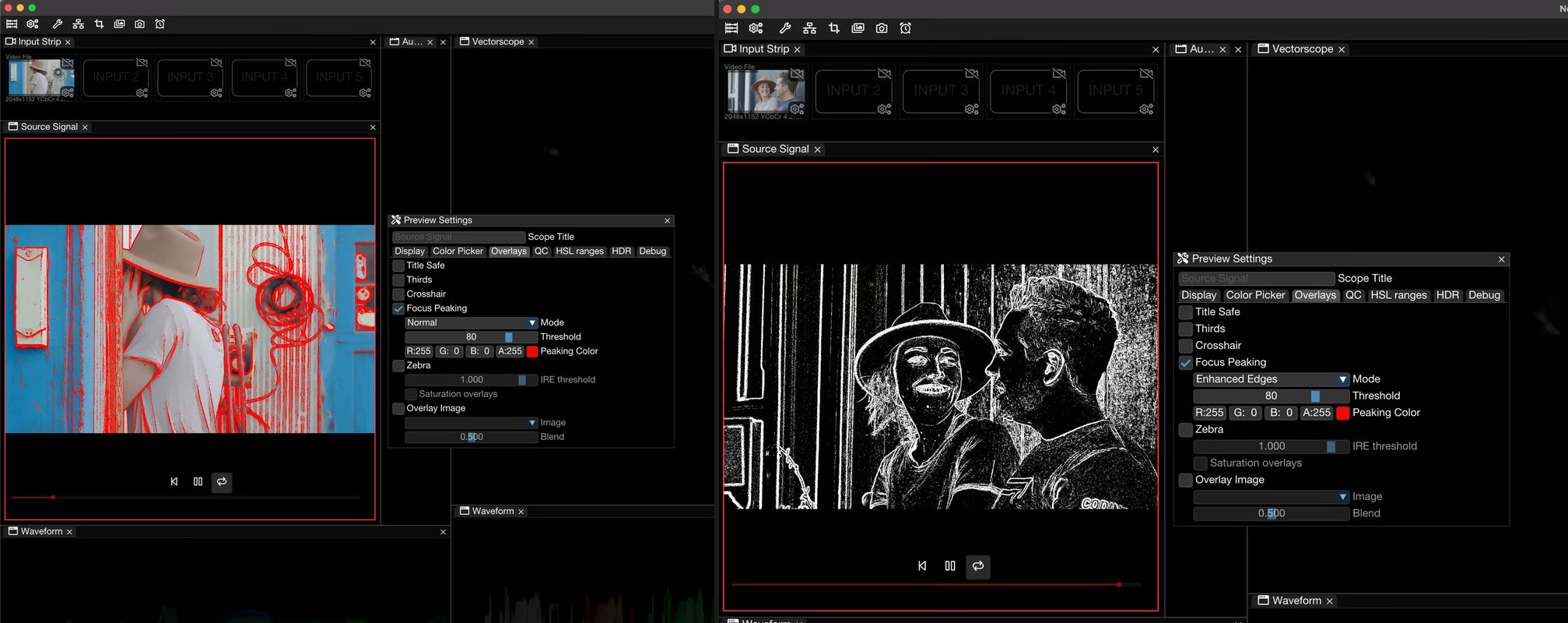 Focus Peaking in Normal mode on the left and Enhanced Edges on the right