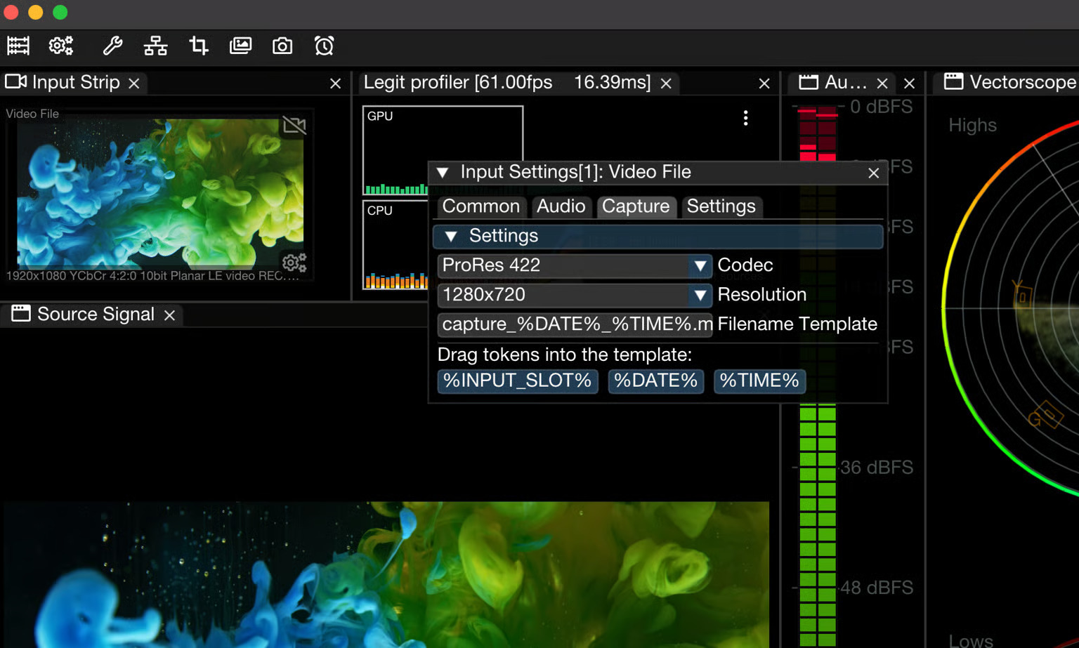 Recording to file with ProRes 422 at 1280×720, using a custom filename template
