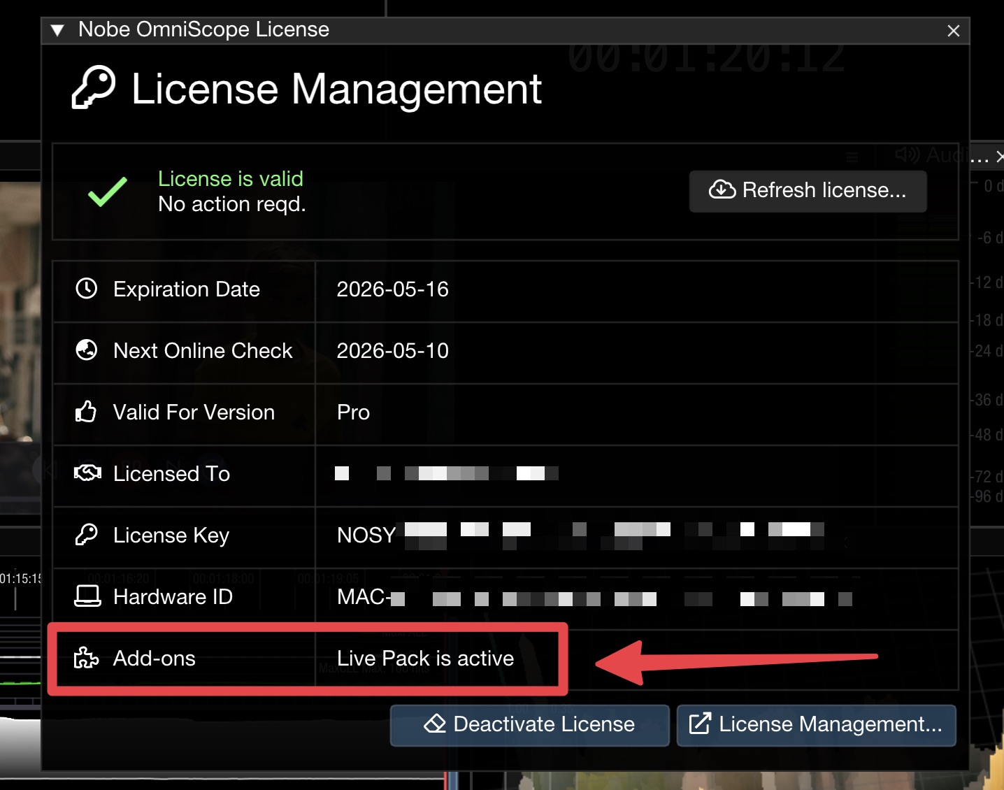 Live Pack add-on is active in License Management