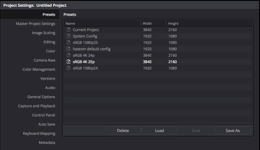 Project Settings Presets